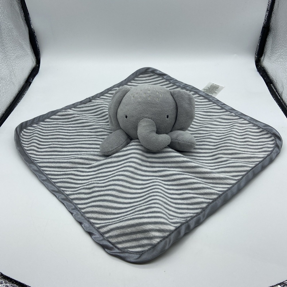 Wonder Nation Elephant Baby Security Blanket Lovey Grey White Striped Satin Trim